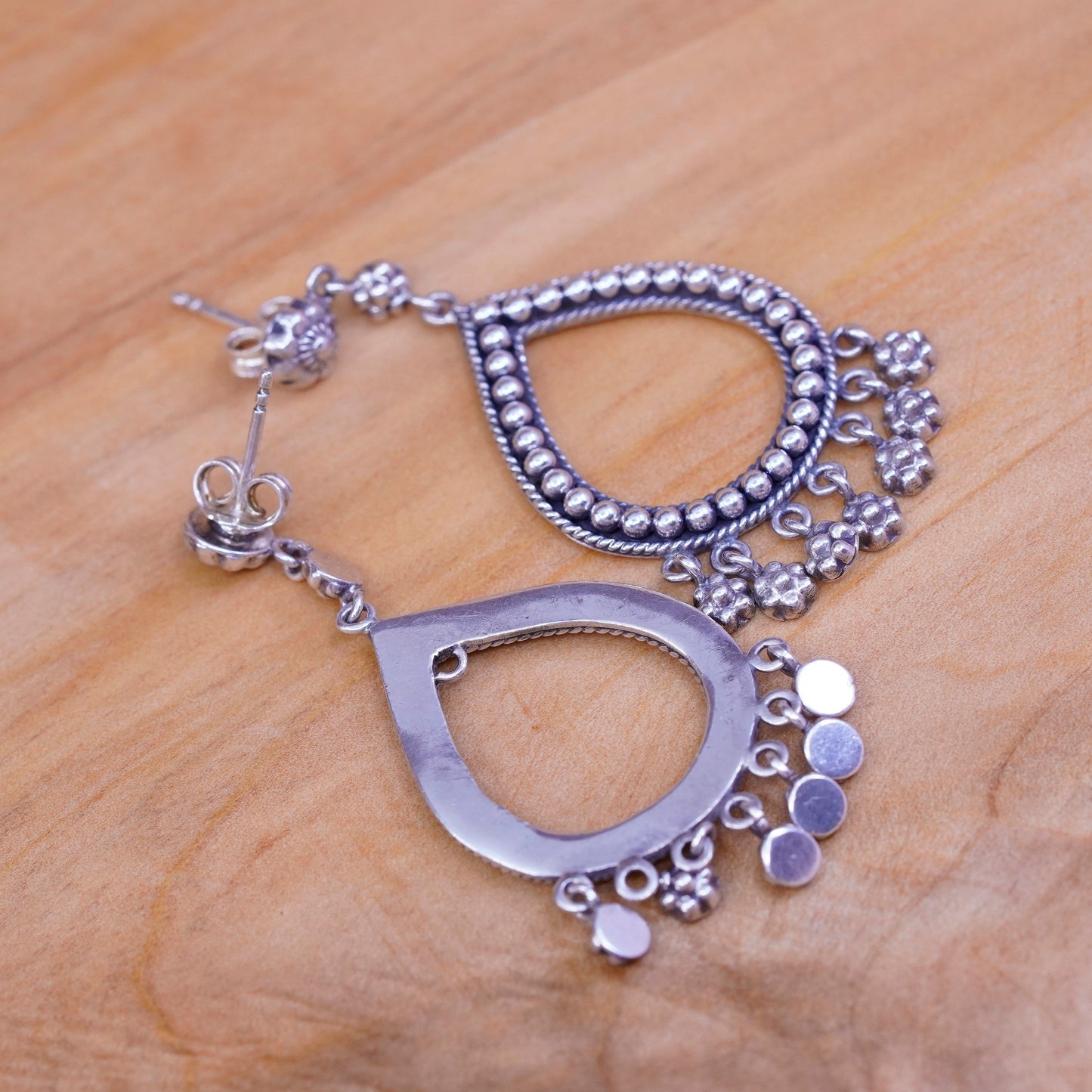 Sterling silver earrings, 925 teardrop with beads details and flower dangles