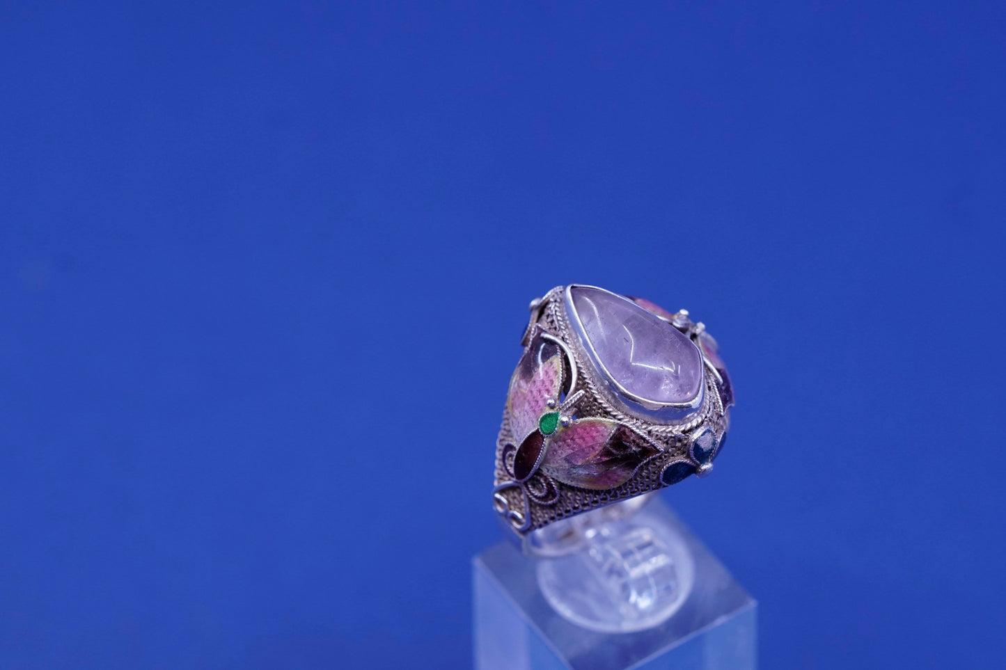 sz 11, gold over Sterling 925 silver ring w/ amethyst and enamel butterfly