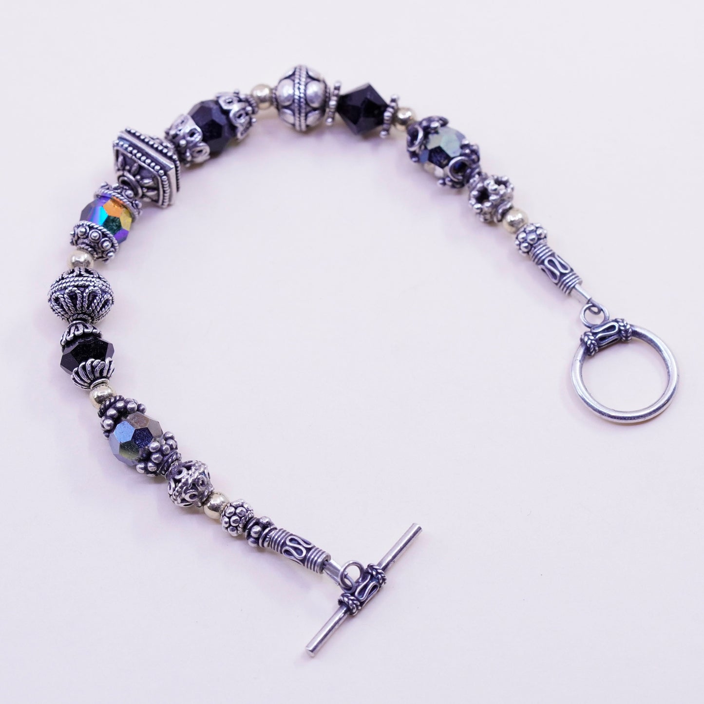 6.75”, vtg Sterling 925 silver handmade Bali bracelet, 14K gold beads crystal