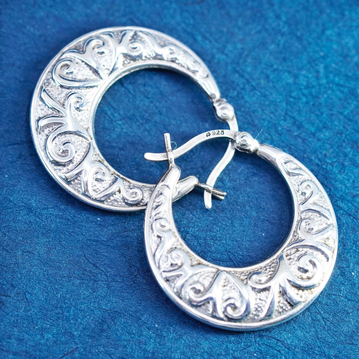 1”, Sterling silver handmade earrings, textured 925 hoops, huggie