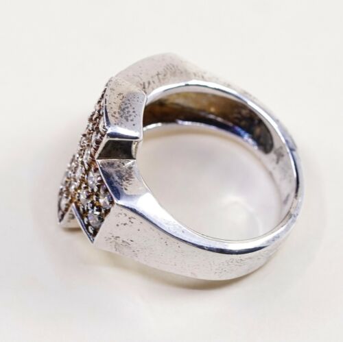 Sz 11.25, Vtg Sterling silver handmade ring, 925 silver Cross band W/ Crystal