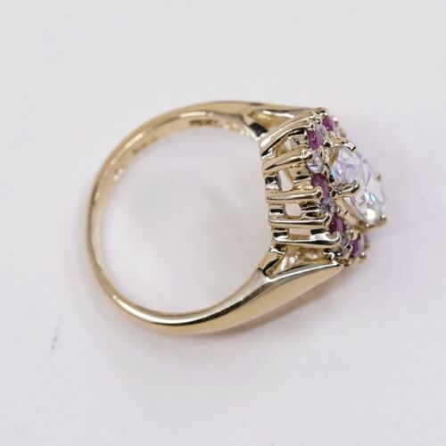 Sz 6, vermeil, gold over Sterling Silver Ring W/ ruby N Cz Around, stamped 925
