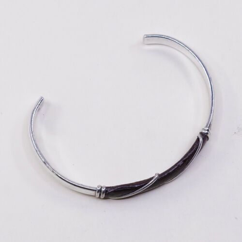 6.75”, Vtg Mexico Handmade Sterling 925 Silver W/ Red Leather Cuff Bracelet