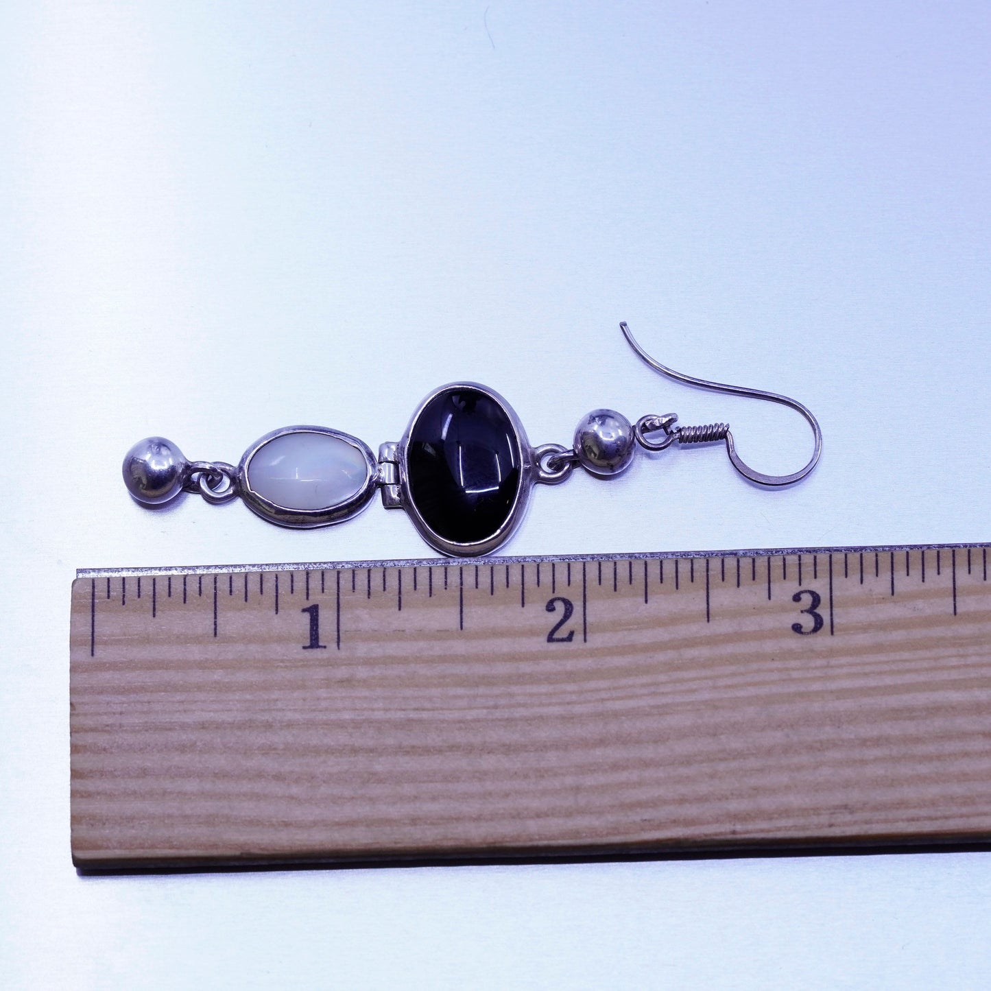 Vintage Sterling 925 silver handmade earrings w/ oval obsidian mother of pearl