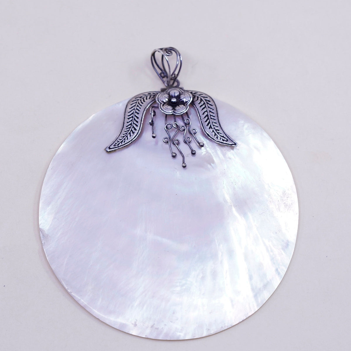 Vintage sterling silver handmade pendant, huge 925 round circle mother of pearl