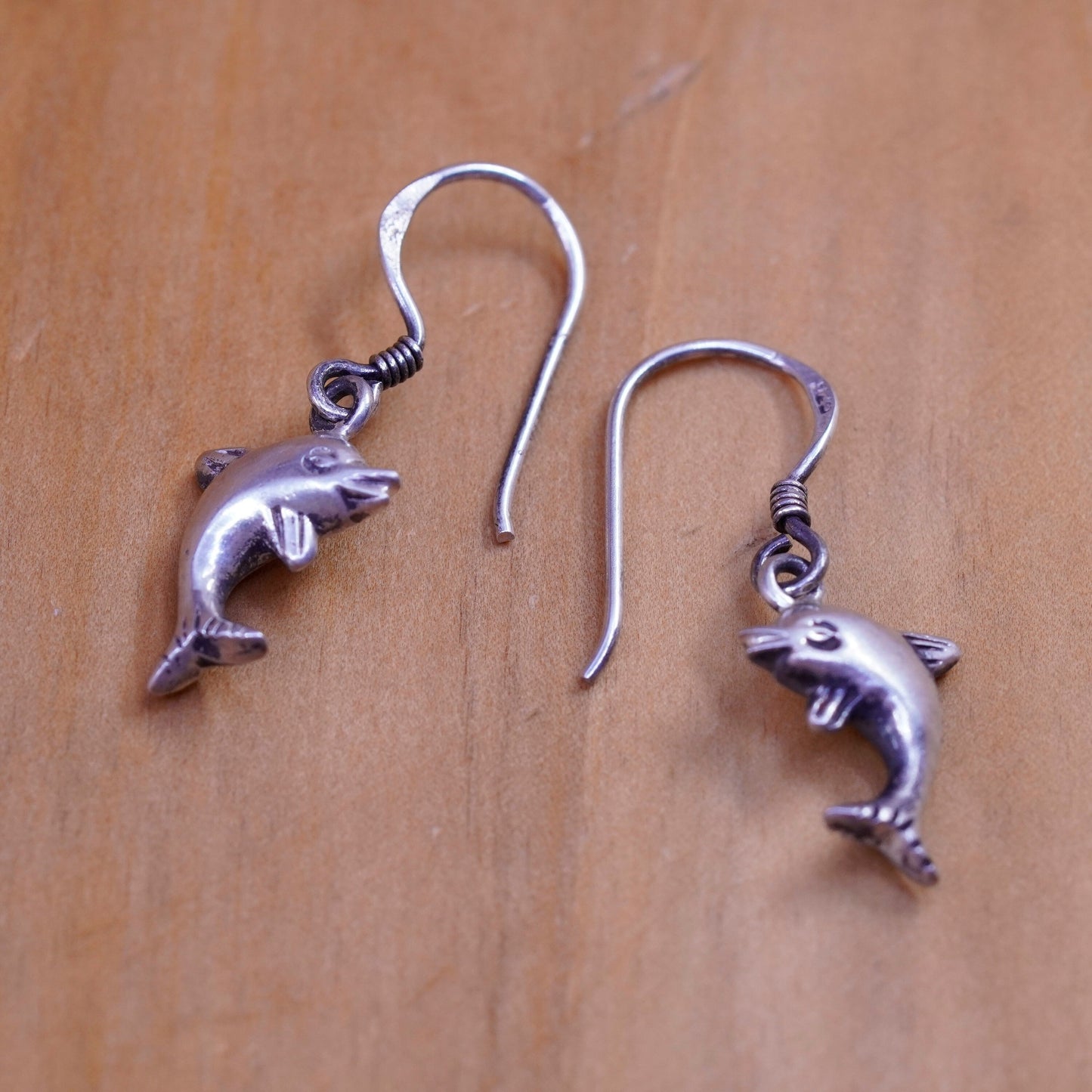 Vintage Sterling silver handmade earrings, 925 dolphin dangle