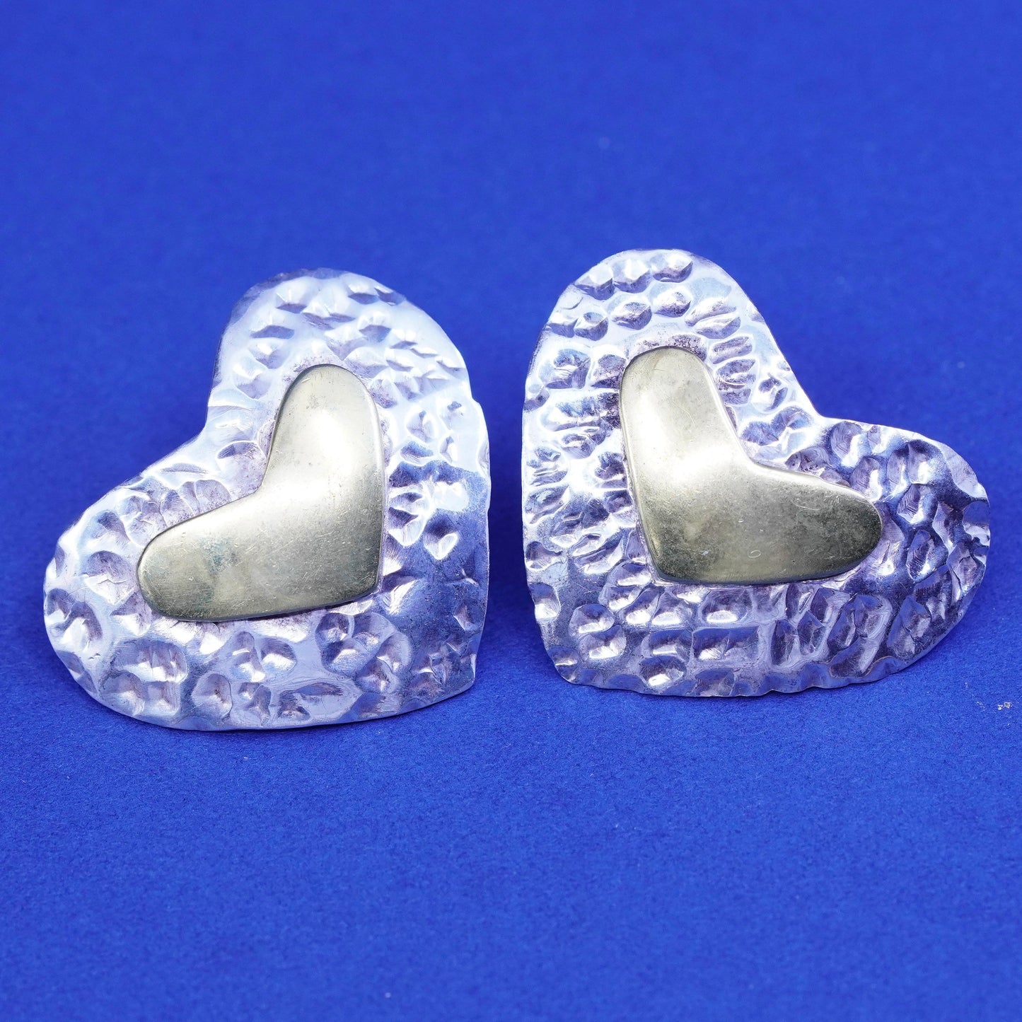 two tone Sterling silver handmade earrings, hammered 925 heart studs with brass
