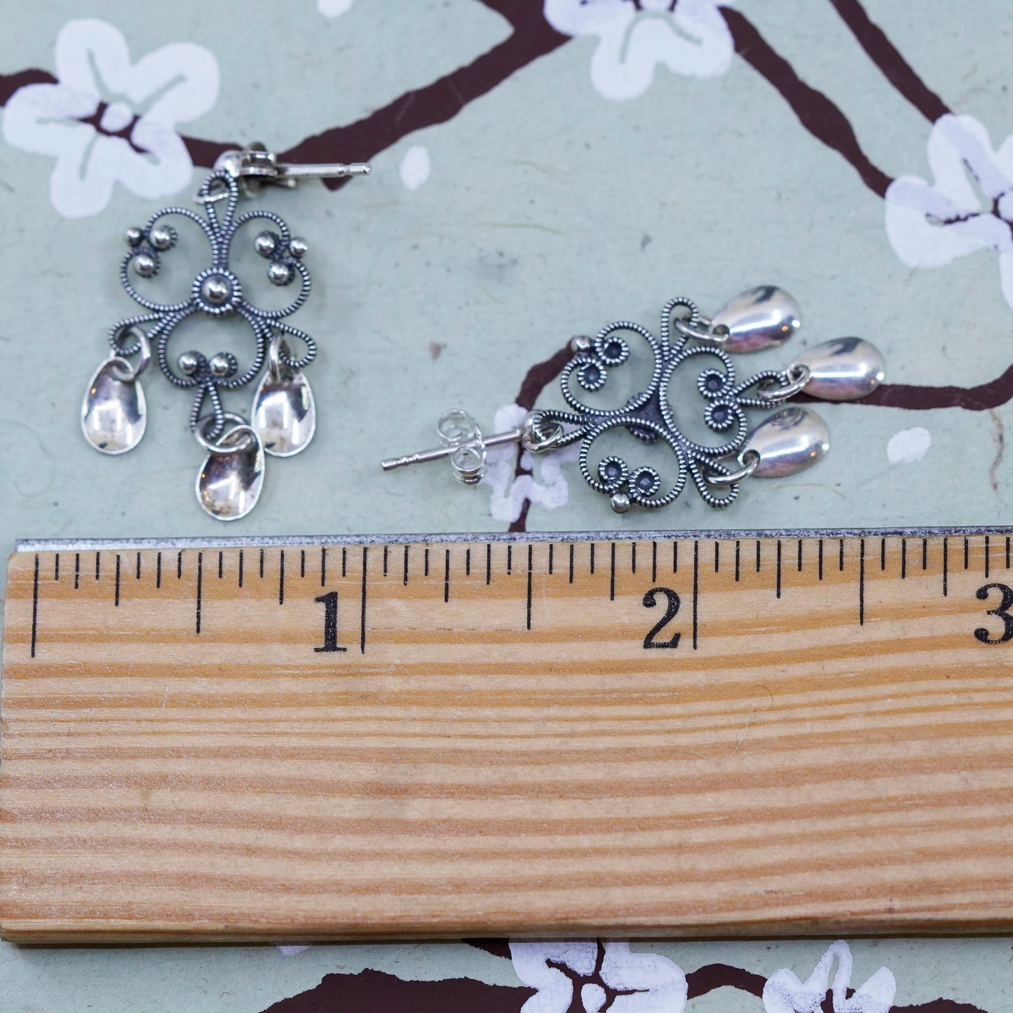 Vintage sterling silver handmade earrings, filigree 925 clover teardrop dangles