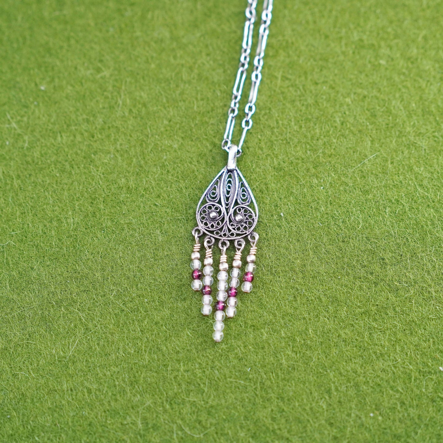 16”, 925 sterling silver elongated chain with filigree teardrop pendant beads