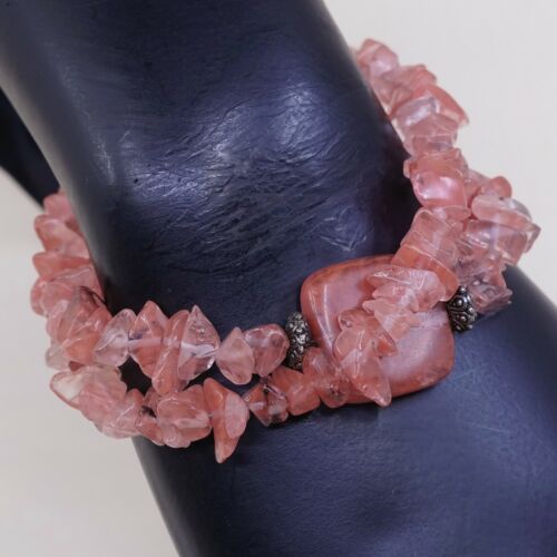 7”, Vtg Antique Silver Tone Handmade Bracelet W/ Pink Quartz Nuggets