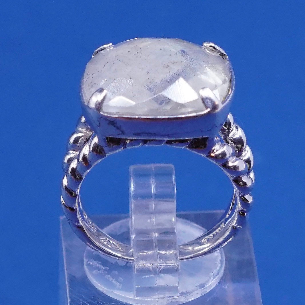 Size 6, vtg Sterling silver handmade ring, 925 w/ checker cut moonstone