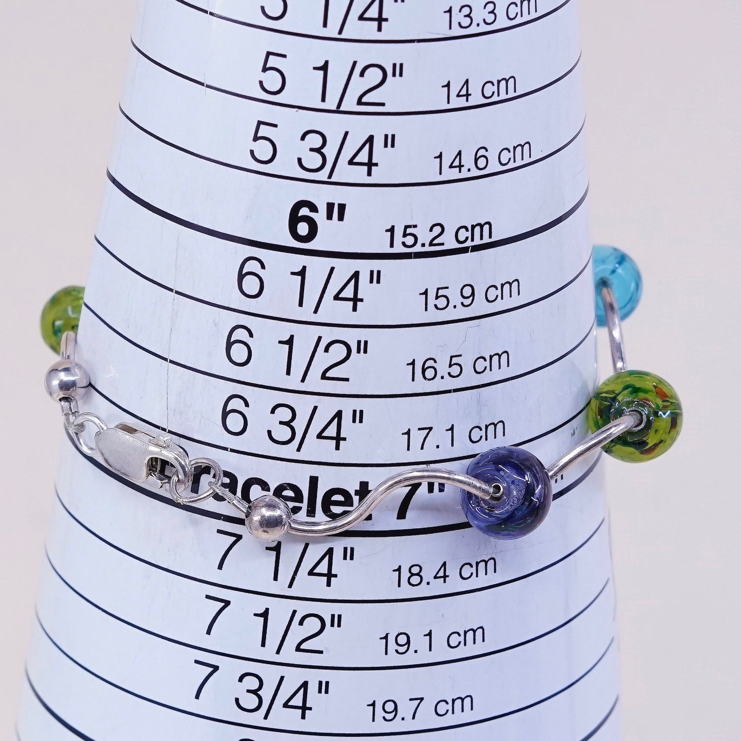 7”, 925 Sterling silver handmade bar and beads bracelet w/ artisan foiled glass