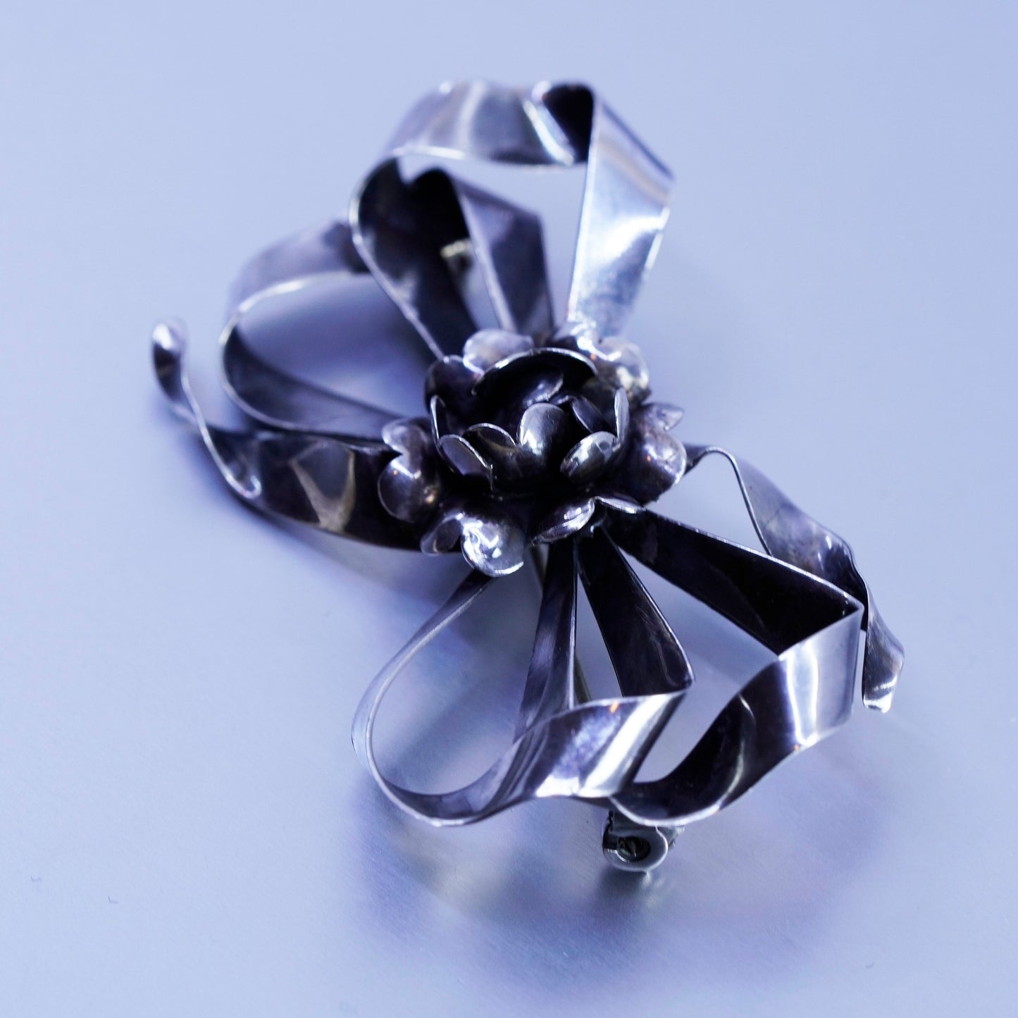 Vintage sterling silver handmade brooch, 925 rose flower ribbon pin