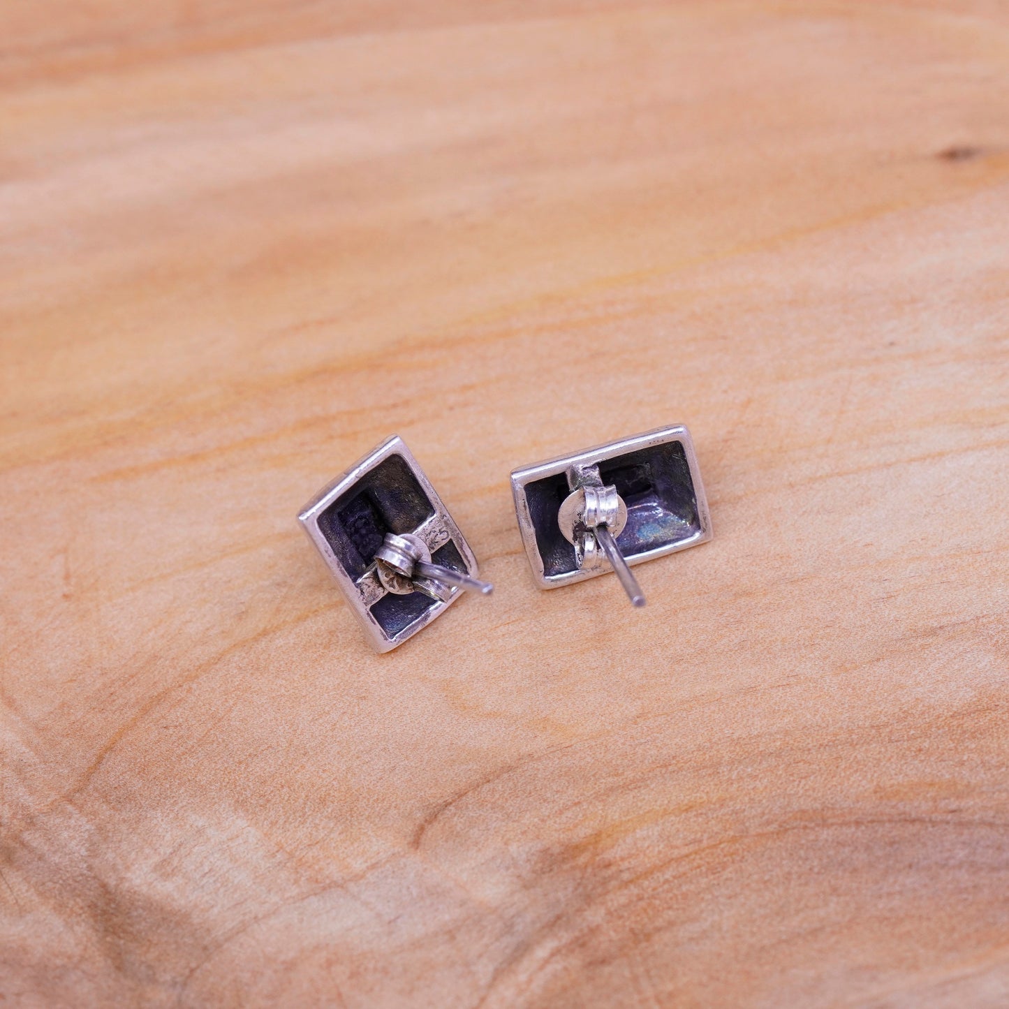Vintage Sterling 925 silver handmade earrings studs with oval obsidian