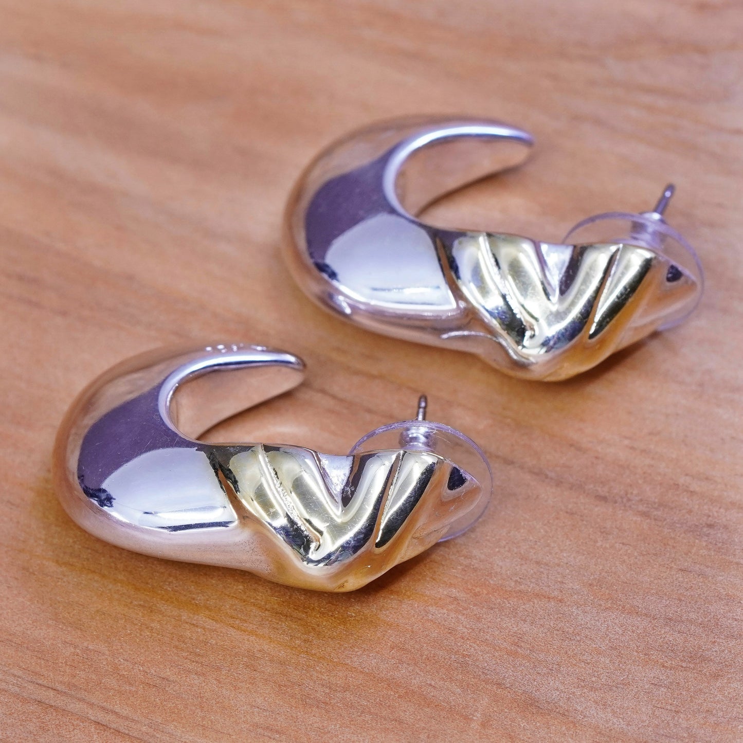 1.25”, two tone Sterling silver handmade earrings, 925 Huggie studs with 14K GF