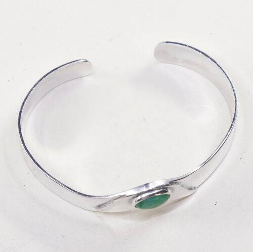 6.75”, Vtg Sterling 925 Silver Handmade Cuff, Southwestern Bracelet W/ Jade