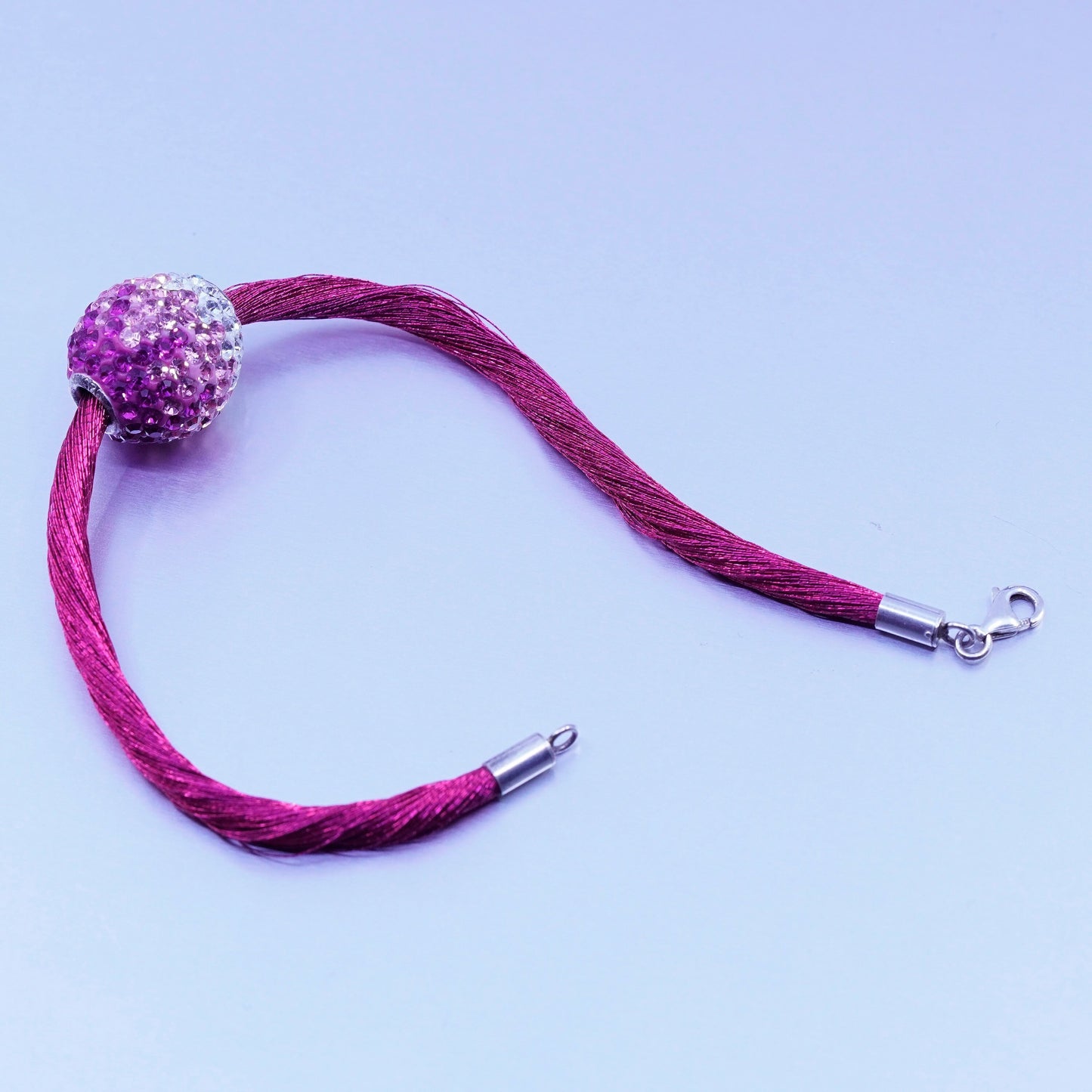 6.5”, vtg Sterling 925 silver handmade bracelet, pink silk thread chain bead