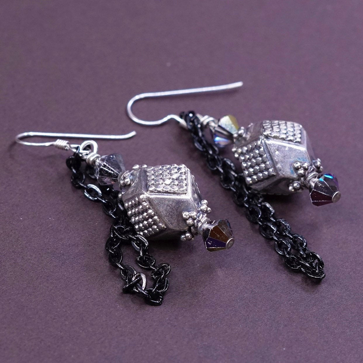 Sterling silver handmade earrings, Mexican 925 beads dangles with black chain