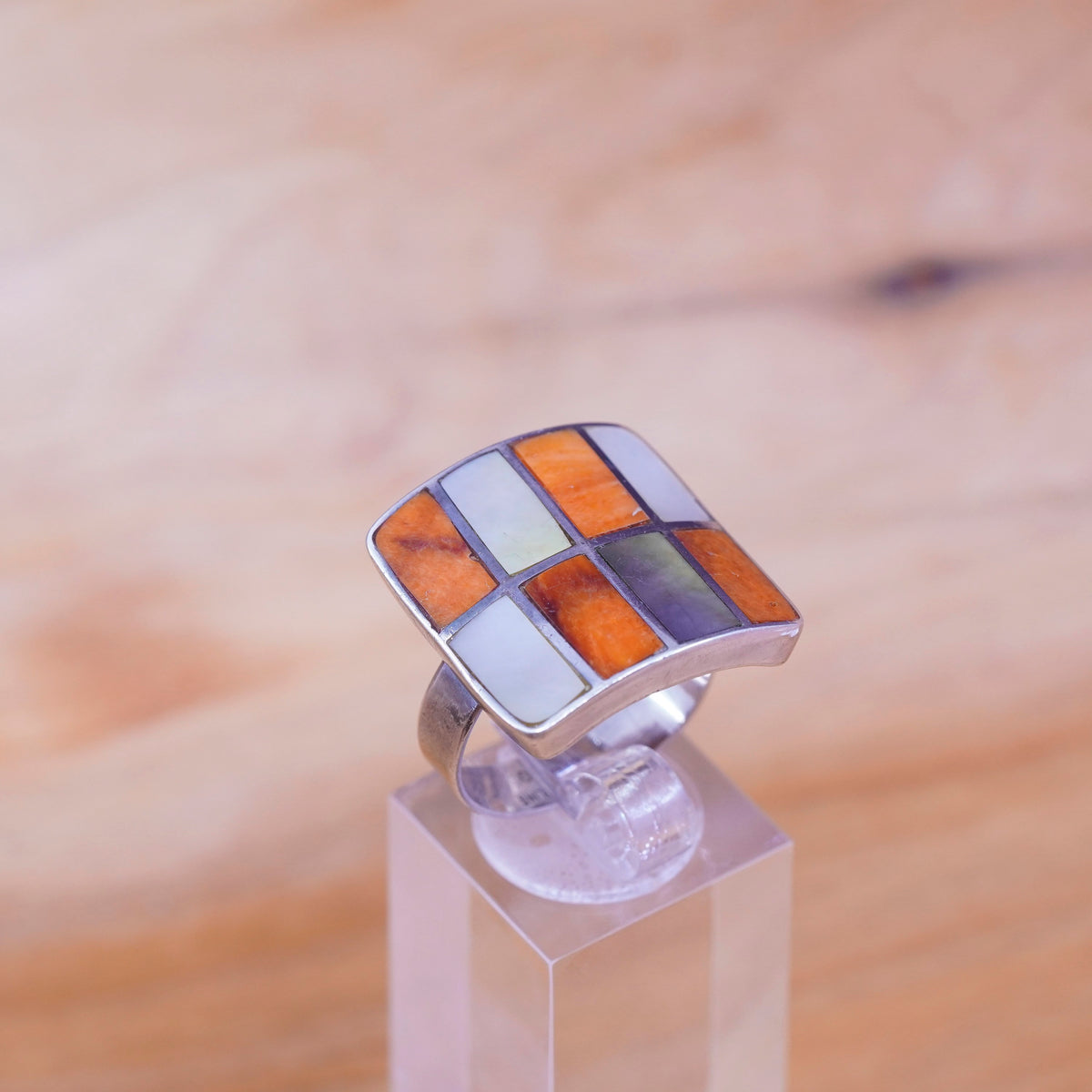 Size 9, VTG Sterling 950 silver square ring w/ red coral MOP, Native American