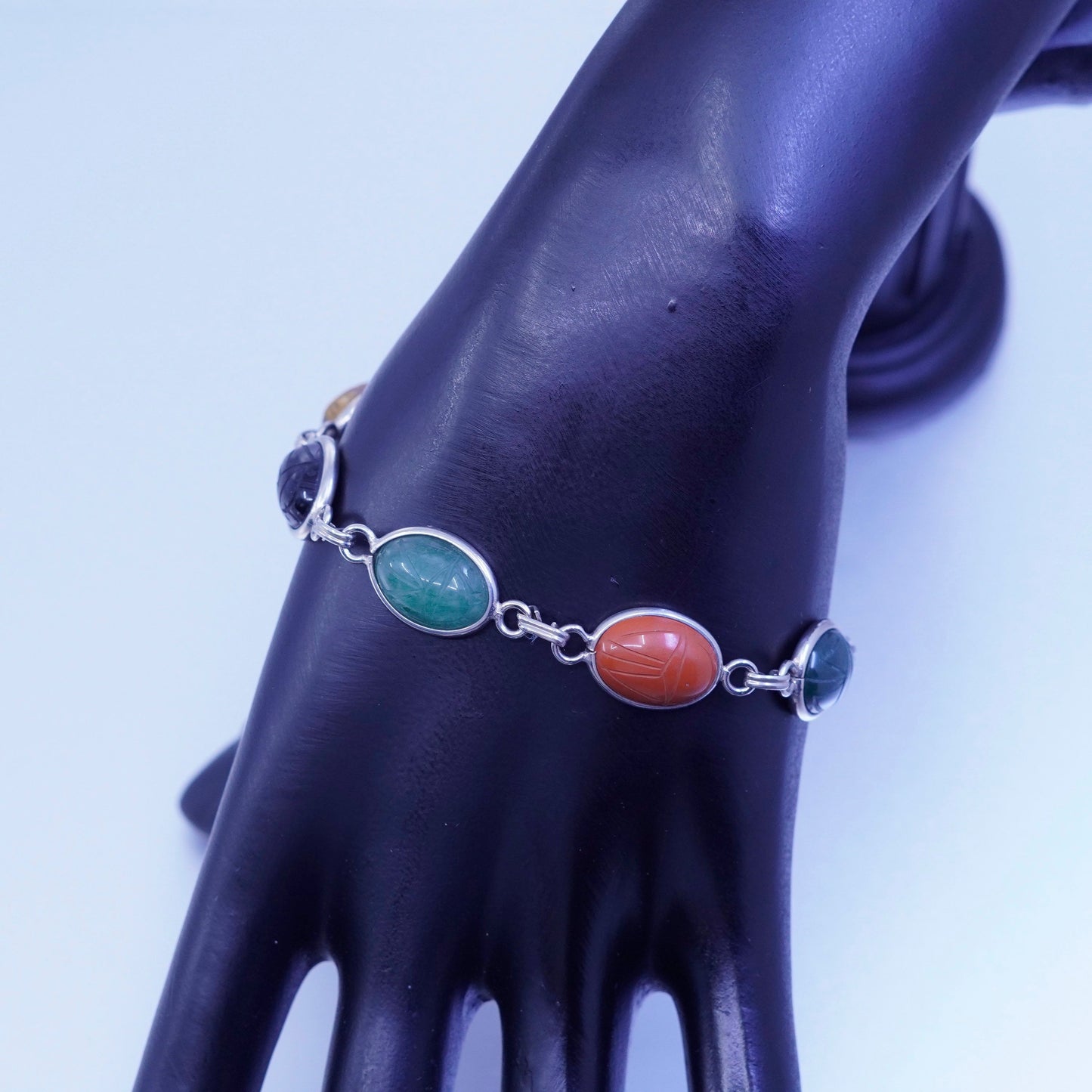 7.25”, sterling 925 silver carved bracelet, tiger eye jasper carnelian onyx