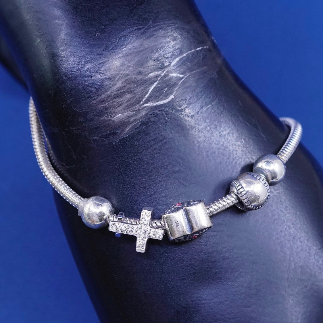 8.5", Sterling silver bracelet, italy 925 snake chain mom baseball cross charms