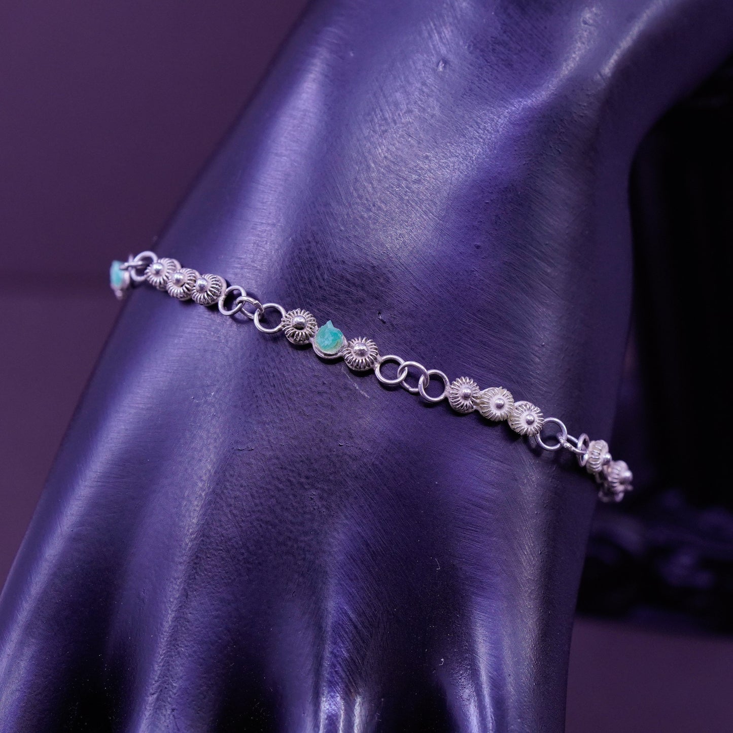 7.25”, Vintage Mexico Sterling silver handmade bracelet, 925 flower links jade