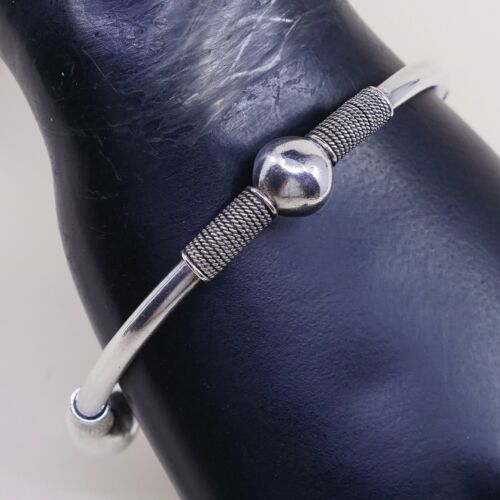 7.75”, Estate Vtg Mexico 925 Sterling Silver Handmade Bangle Bracelet W/ Beads
