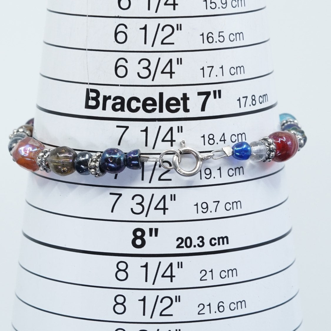 7.5", vtg handmade sterling silver bracelet, colorful glass beads, stamped 925