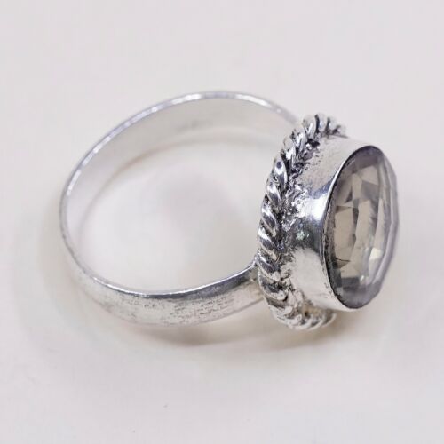 Sz 8.5, Sterling Silver Ring, 925 Silver Engagement Ring W/ Smoky Crystal