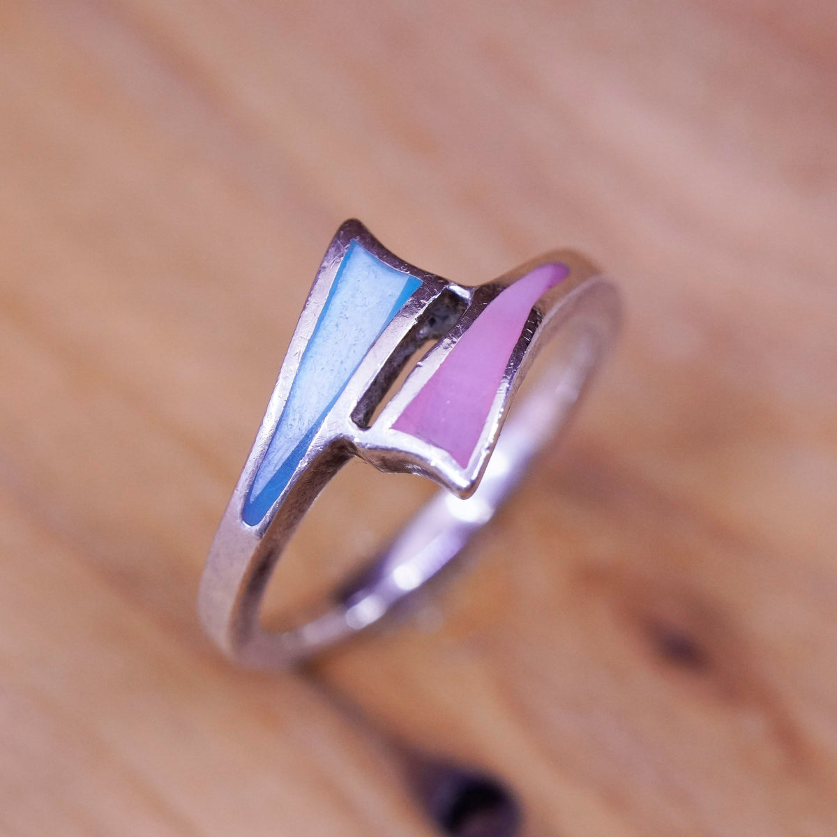Size 6, Sterling 925 silver handmade ring band with pink blue mother of pearl