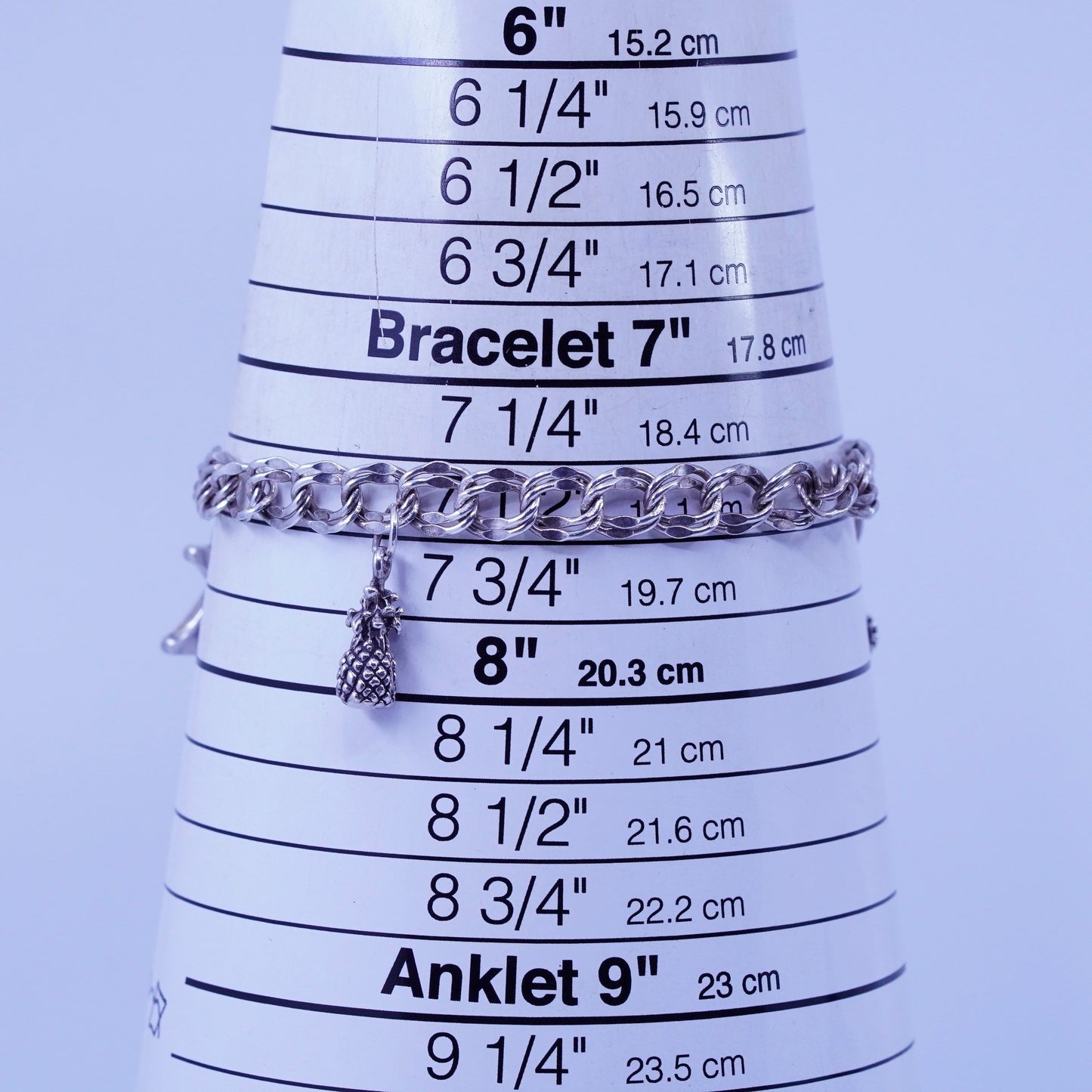 7.5”, Sterling 925 silver bracelet, curb chain K pineapple riding boot charms