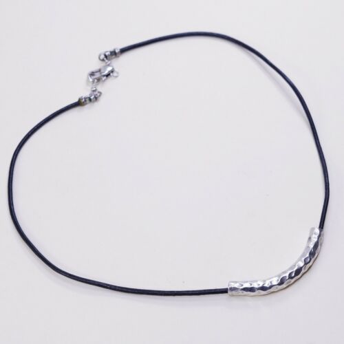 18”, Vtg Handmade Sterling 925 Silver Slide Pendant W/ Black Leather Necklace