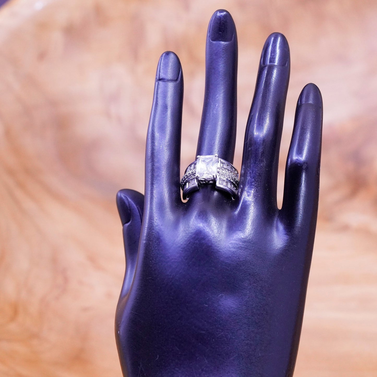 Size 6, vintage Sterling 925 silver engagement ring with cluster cz