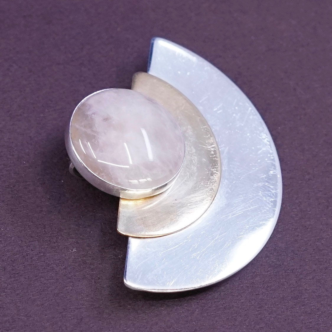 VTG PJ two tone modern Sterling Silver Handmade Pendant, 925 w/ pink quartz