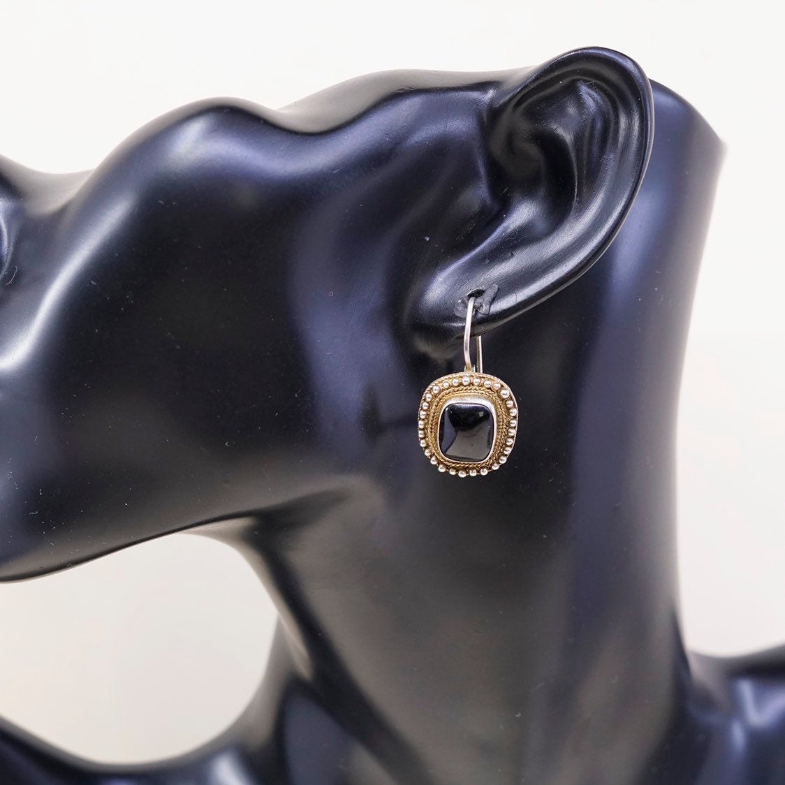 VTG gold over Sterling silver handmade earrings, 925 drops w/ obsidian n beads