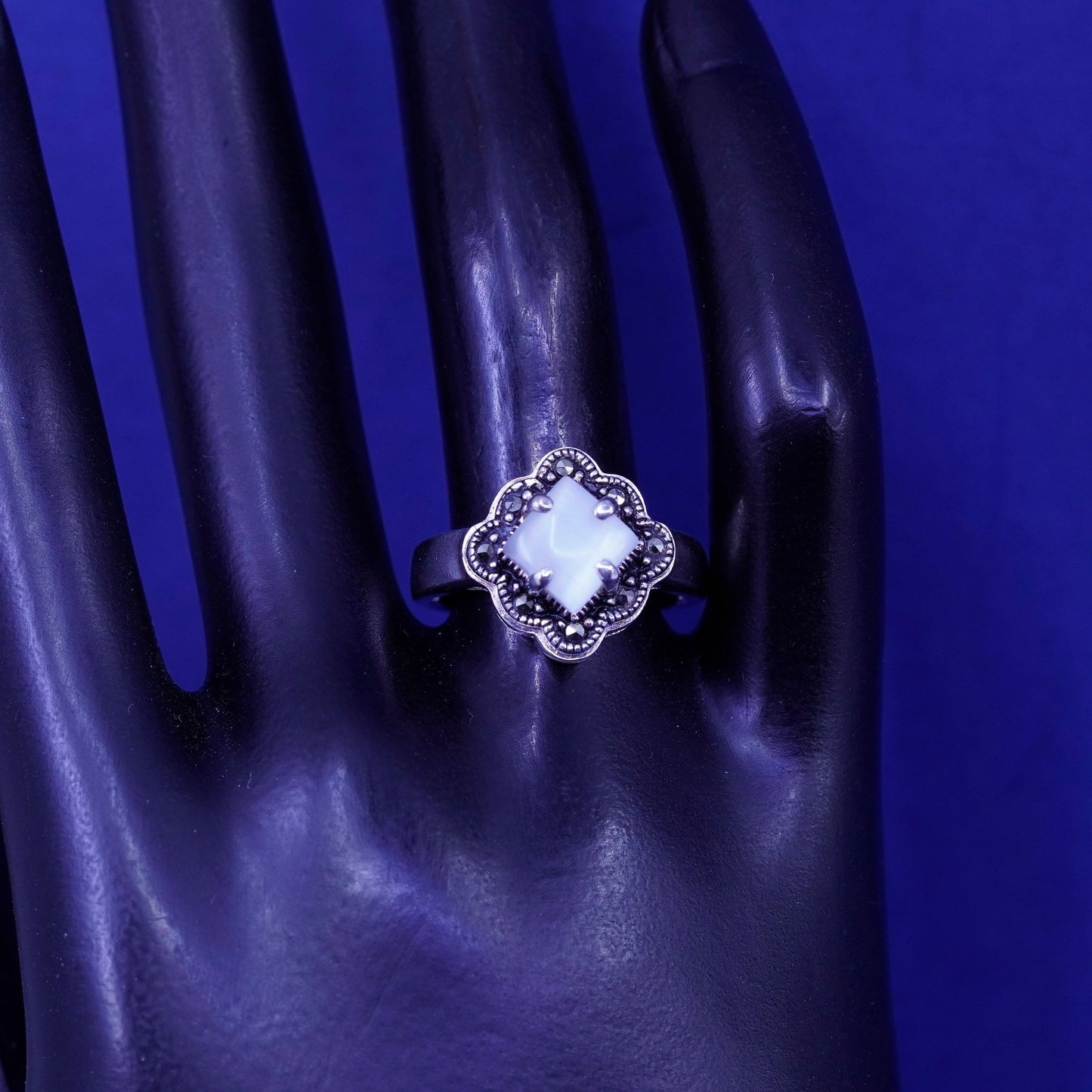 Size 8.25, Sterling 925 silver handmade ring with moonstone and marcasite
