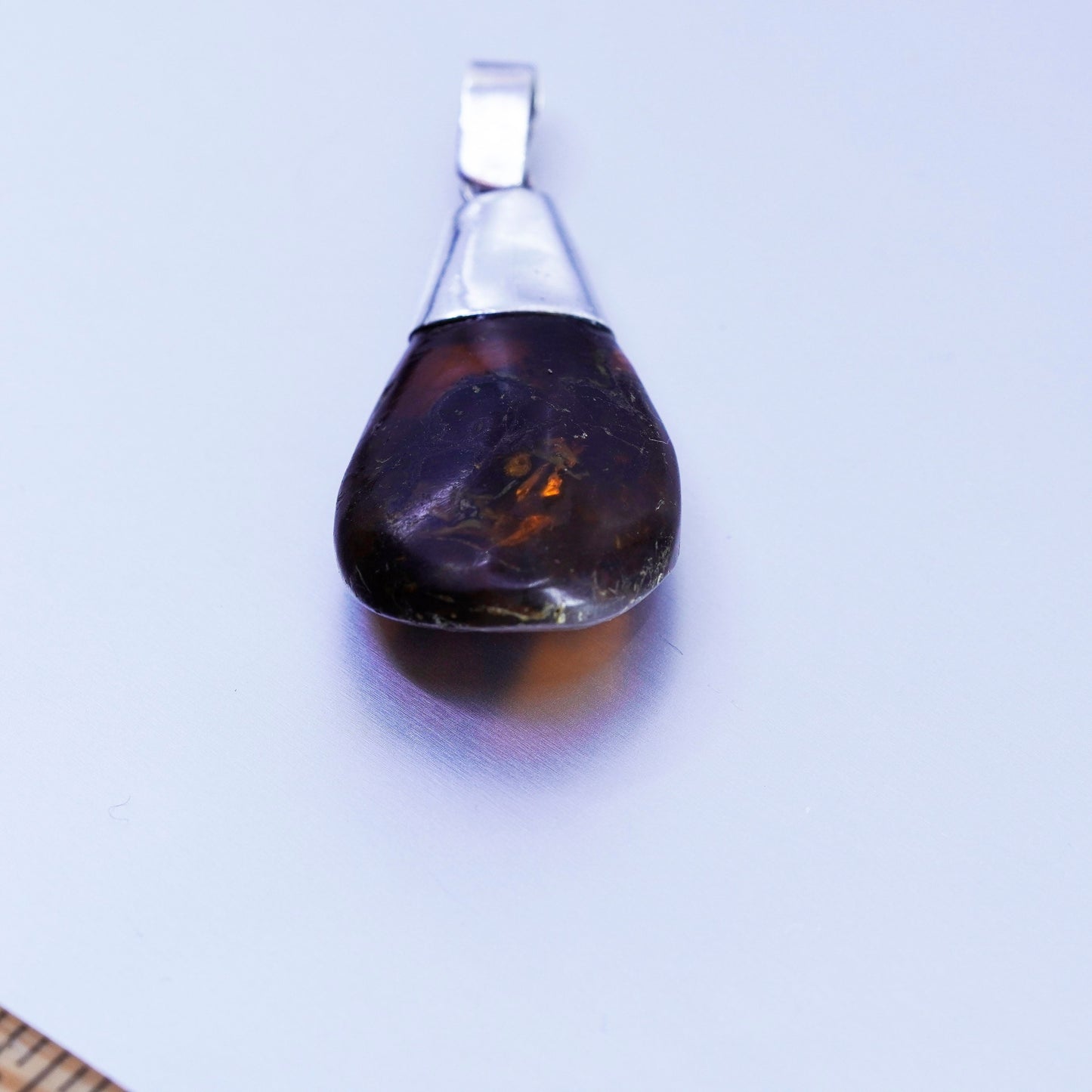 antique sterling 925 silver handmade pendant with teardrop amber