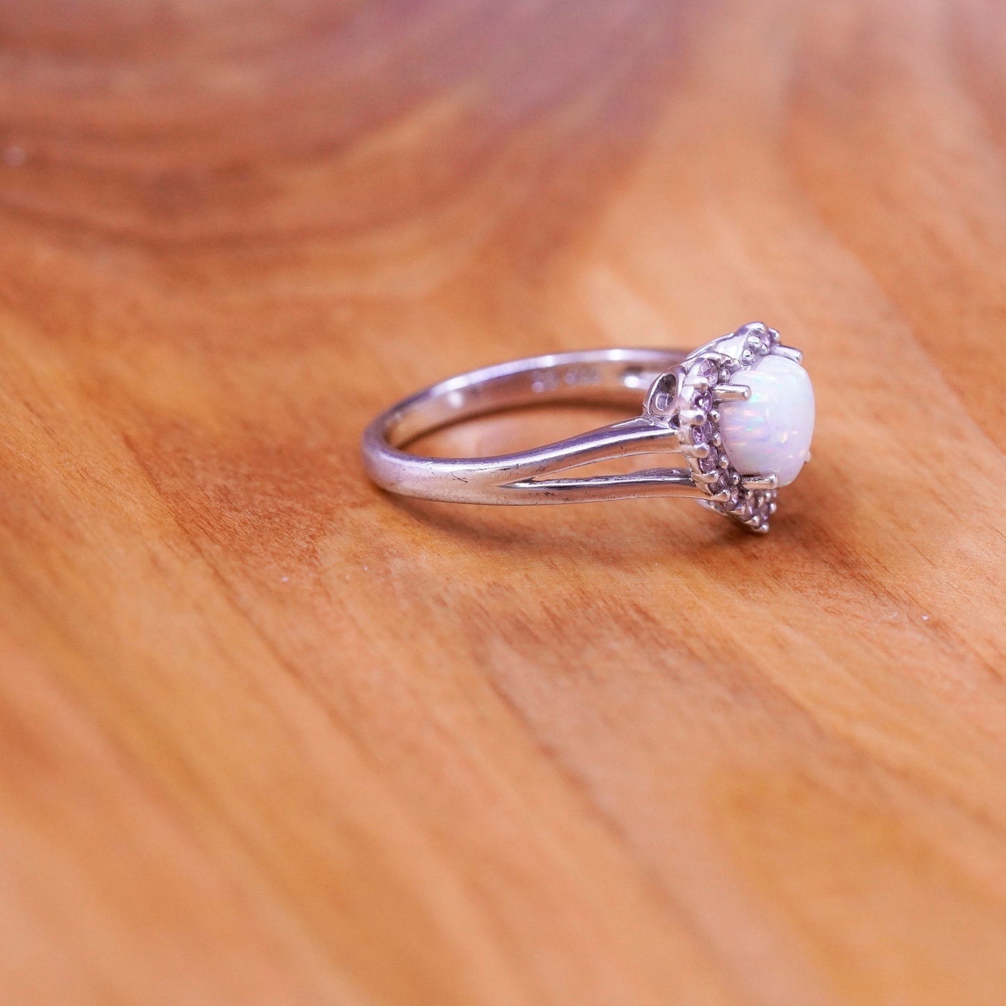 Size 7, vintage Sterling 925 silver handmade ring with heart opal and pink cz