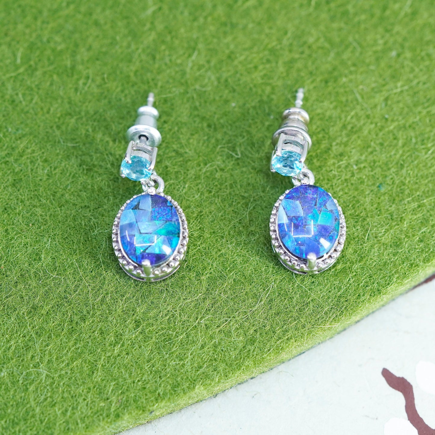 Vintage Sterling silver handmade earrings, oval dangles with opal and topaz