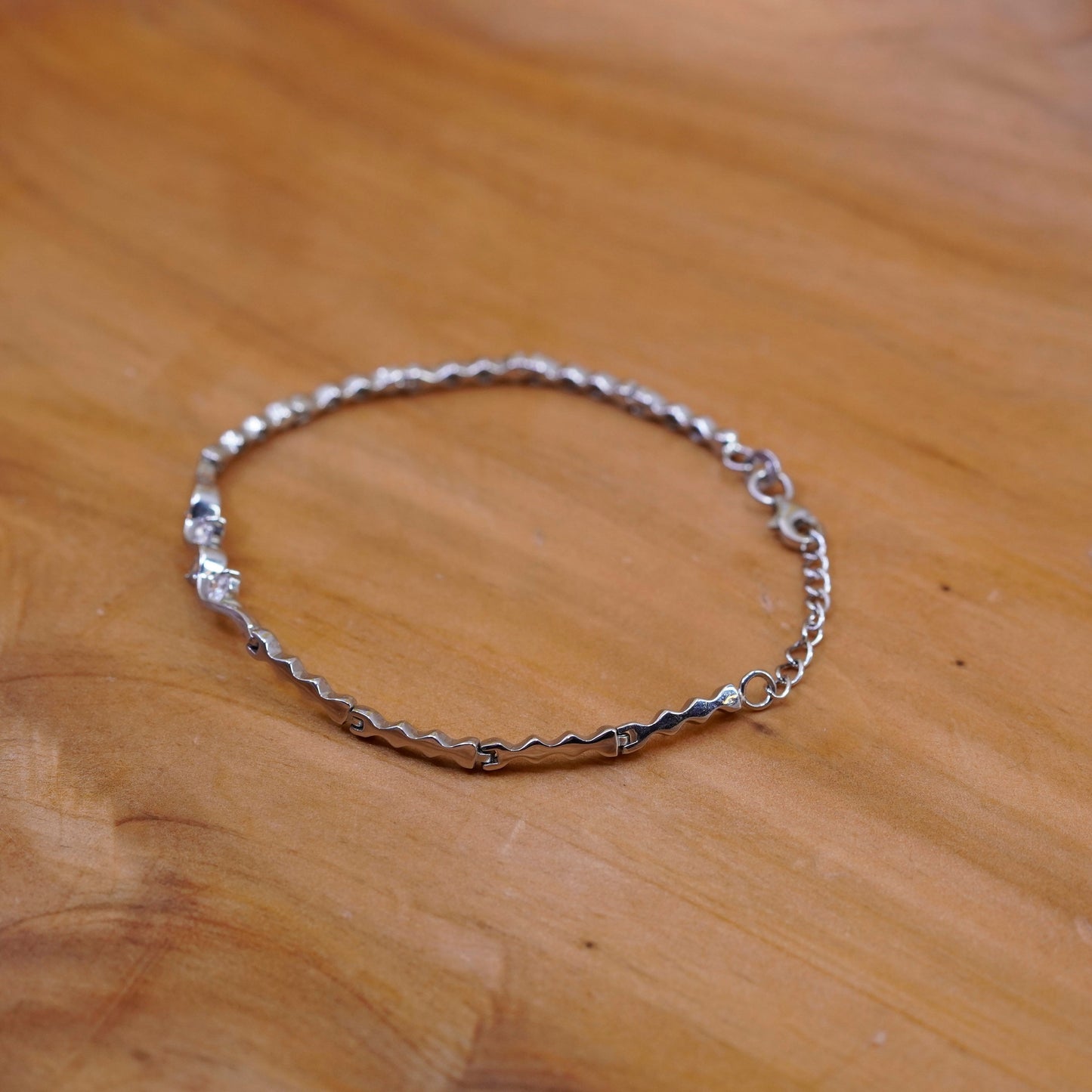 7.5”, vintage Sterling silver handmade tennis bracelet, 925 wavy link with cz