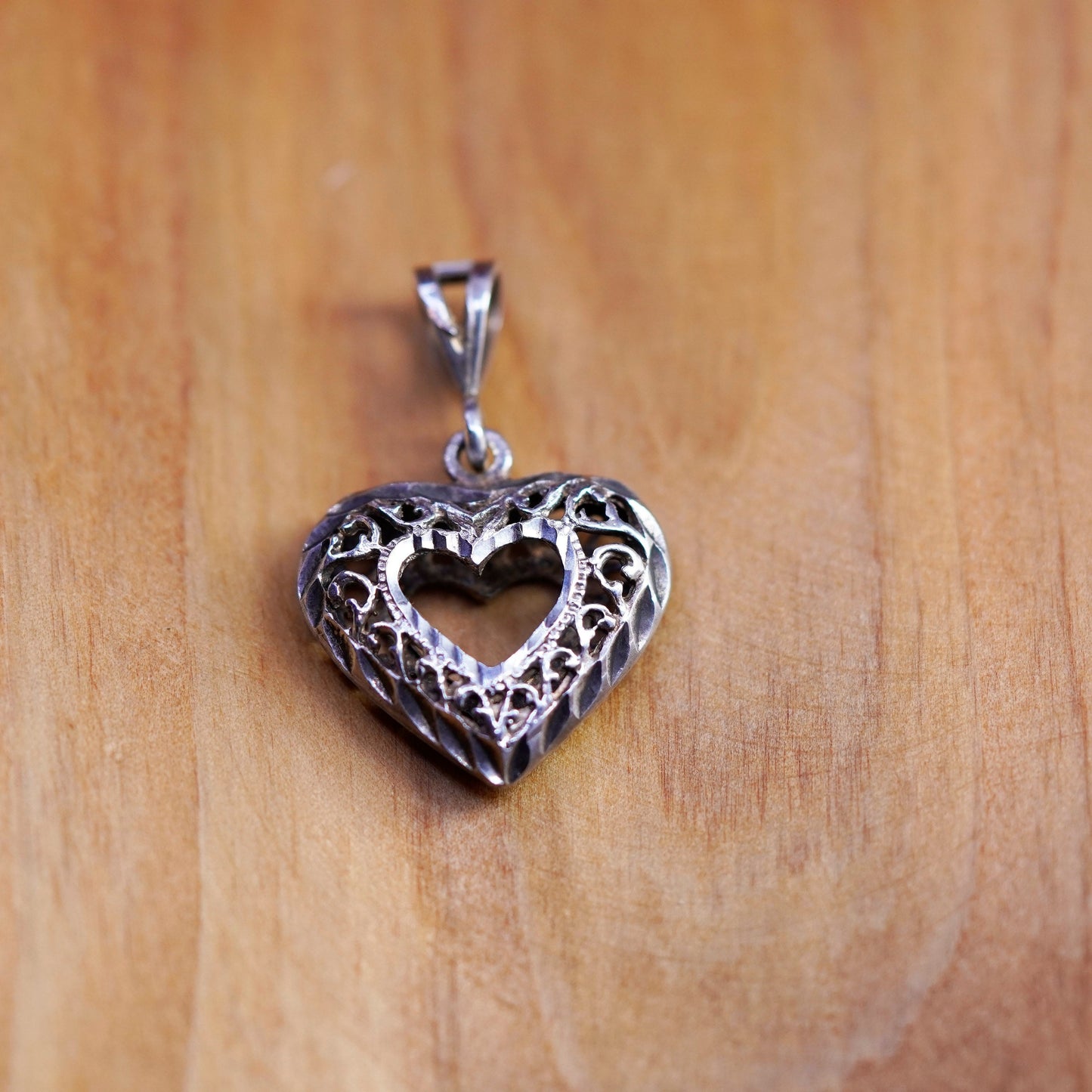 Vintage Sterling silver handmade pendant, 925 filigree puffy heart
