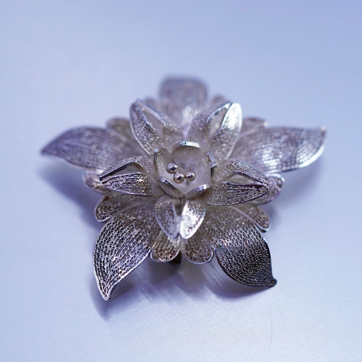 Vintage sterling silver handmade brooch, 925 filigree flower pin