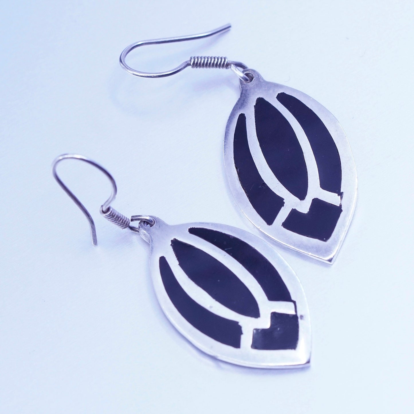 Vintage Mexico Sterling 925 silver triangular earrings with black enamel inlay