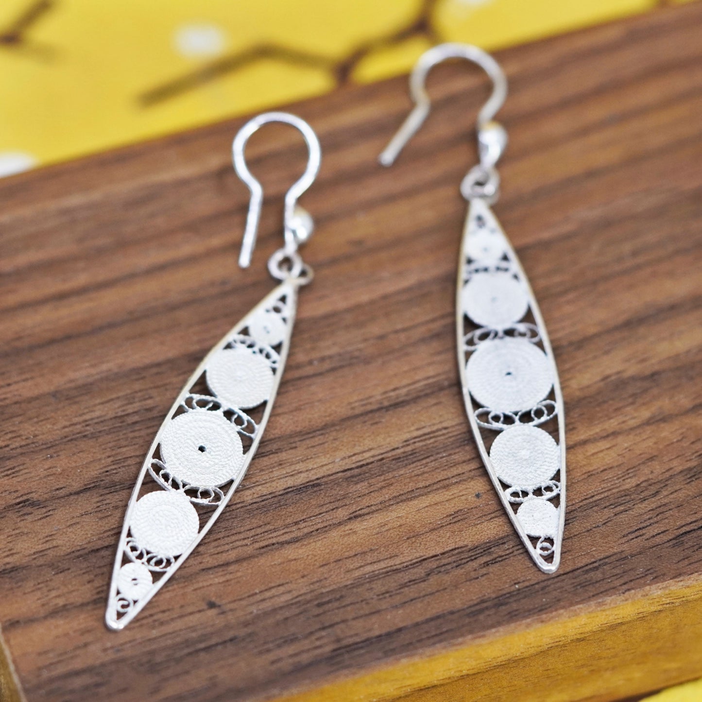 Vintage Sterling silver handmade earrings, 925 Filigree marquise shaped dangle