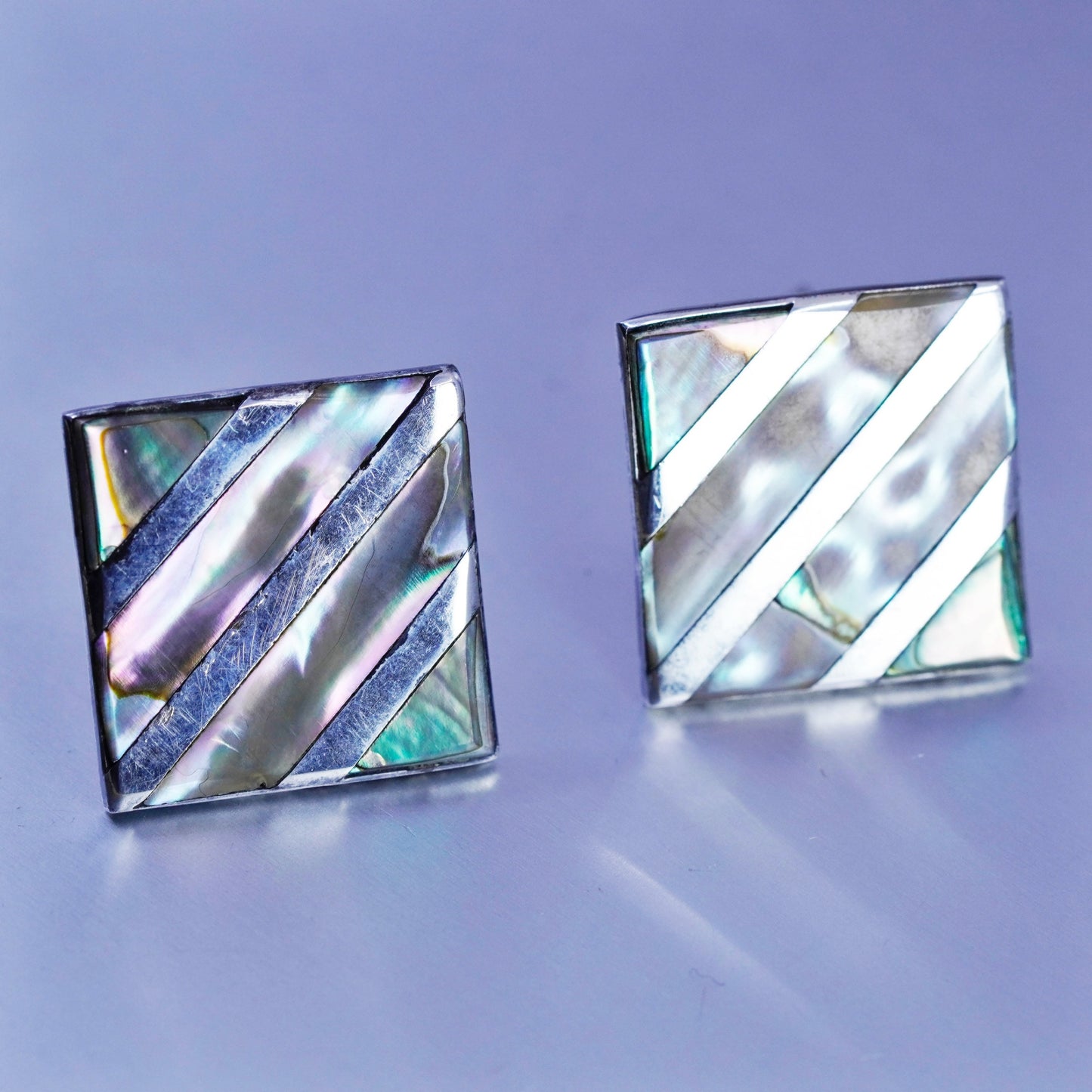 vtg CBL Mexico sterling silver handmade cuff link, 925 square cufflink abalone