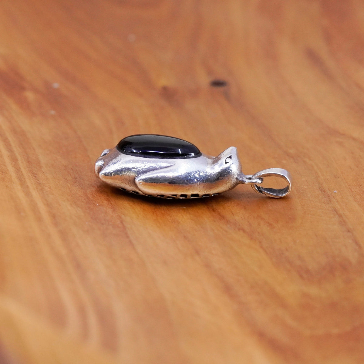 Vintage Sterling silver handmade pendant, 925 bird penguin with black onyx