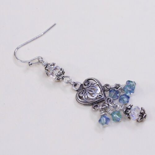 Sterling Silver Handmade Earrings, 925 Silver Filigree Heart W/ Green Crystal
