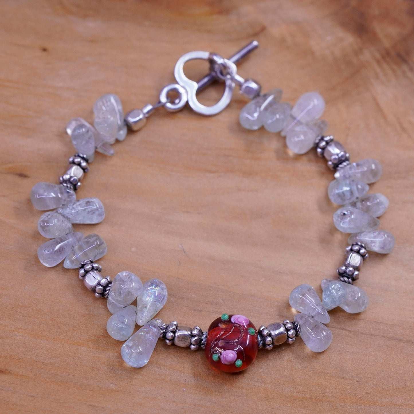 6.75”, Sterling 925 silver handmade bracelet w/ red glass bead teardrop quartz