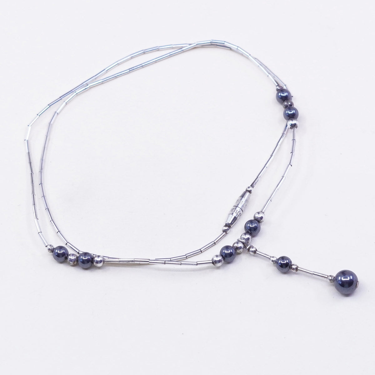 16”, vintage Sterling handmade necklace, 925 liquid silver with hematite beads