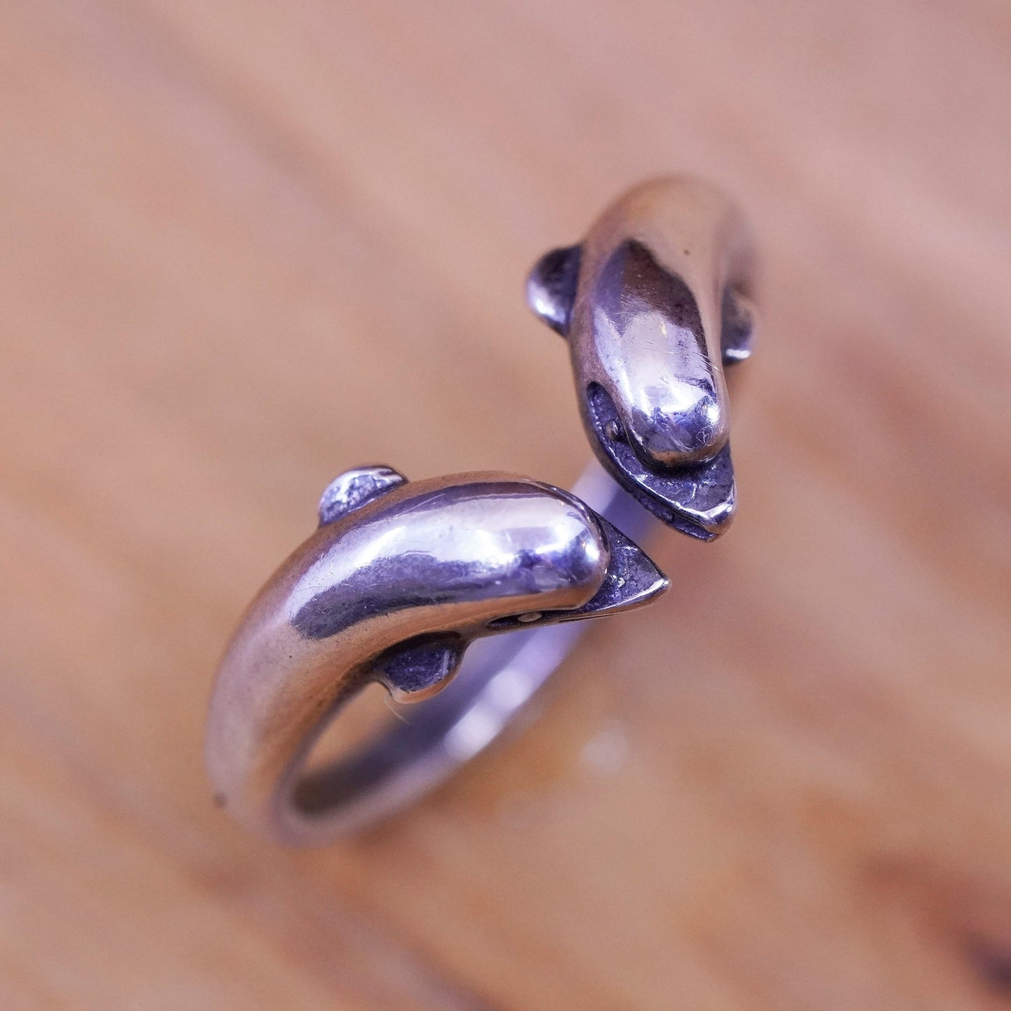 Size adjustable, vtg Sterling silver handmade ring, 925 wrap lover dolphin band